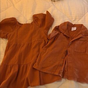 Orange Puff Sleeve Dress and Button-Up Shirt Set